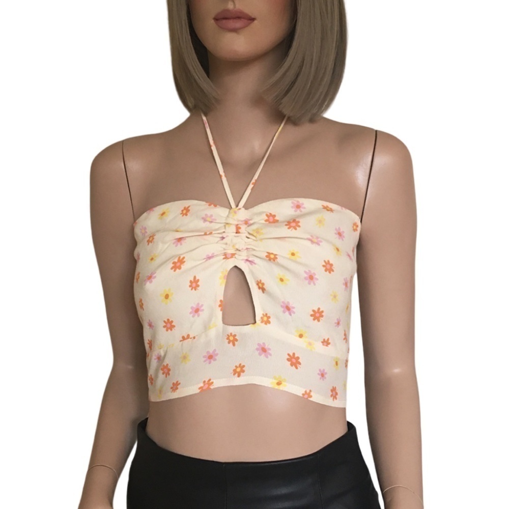 Elodie Yellow Shirred Smocked Floral Halter Top Blouse Tank Floral Rayon NWOT